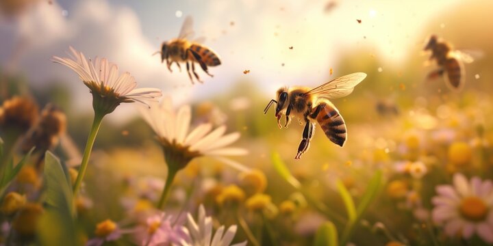 Bees actively pollinating and aiding in the growth of plants. Bees are depicted buzzing around colorful flowers, collecting pollen and nectar