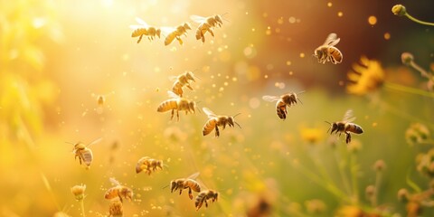 Bees actively pollinating and aiding in the growth of plants. Bees are depicted buzzing around colorful flowers, collecting pollen and nectar