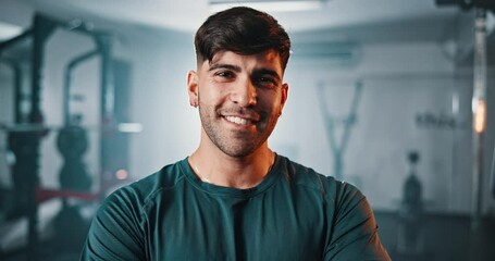 Gym club, smile and face of man confident in fitness, physical activity or exercise for sports commitment. Dedication, portrait and happy person ready for training or active workout in Italy