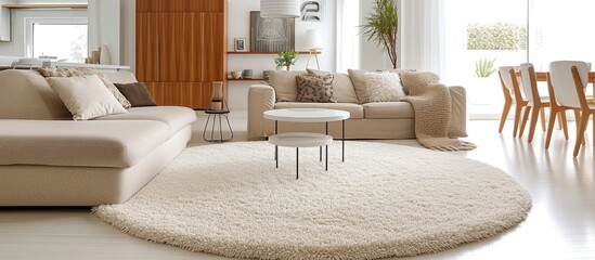 Round white carpets in a bright living room with a cupboard between a beige couch and a dining table with chairs.