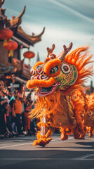 An orange chinese dragon is being moved during street dance Celebration of Chinese New Year festival
