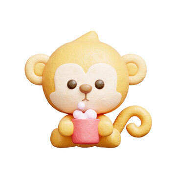 3D cute monkey drinking coffee, Cartoon animal character, 3D rendering.