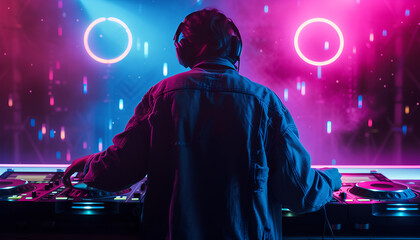 Dj Playing Electronic Music at Night Club Party