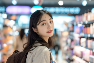 Young woman chooses cosmetics or skincare in the store. Personal care, beauty and shopping concept.