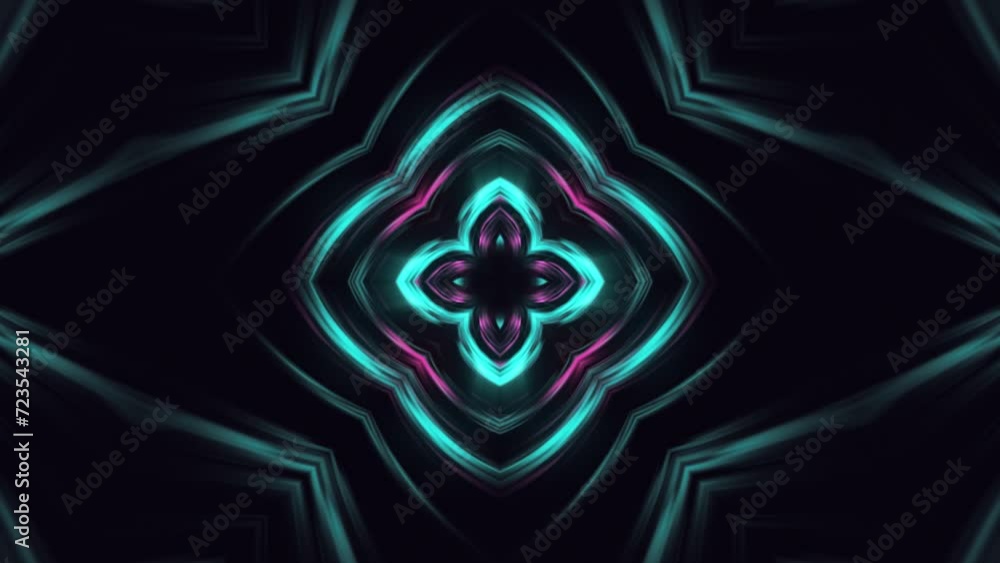 Poster flower kaleidoscope neon pattern seamless loop on dark background