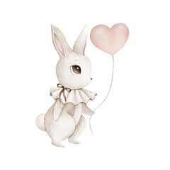Obraz premium Watercolor illustration of cute bunny, rabbit, hare with balloon. Gray, brown set of cutie animal portrait in pastel colors with hat, collar, bow. Stickers, wall art, kids room decor, easter