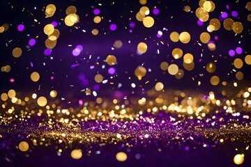 Fototapeta na wymiar Background with golden and purple glitter confetti and bokeh