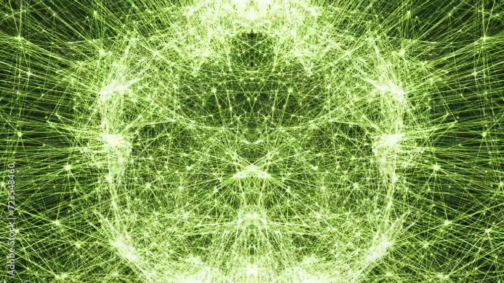 Poster abstract digital data with moving green lines, dots and sphere