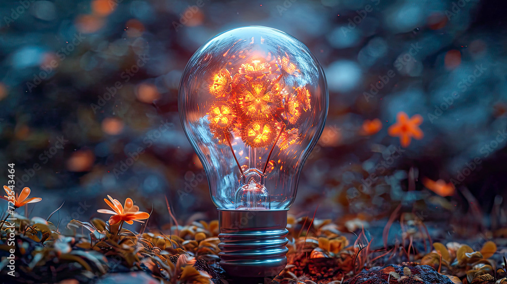 Poster conceptual image with lightbulb with moving gears as a symbol of an idea on dark background