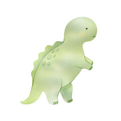 Dinosaur dino watercolor portrait. Watercolor illustration of cute green dinosaur, dino. Animal portrait. Stickers, wall art, kids room decoration, nursery, bed linen print, t-shirt, children poster