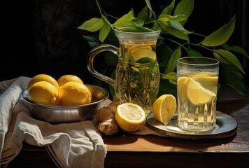 Fototapeta premium Savor the delightful combination of ginger tea paired with the refreshing essence of mint and lime.