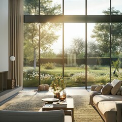 Modern living room flooded with soft, springtime light, where large windows open to a picturesque.