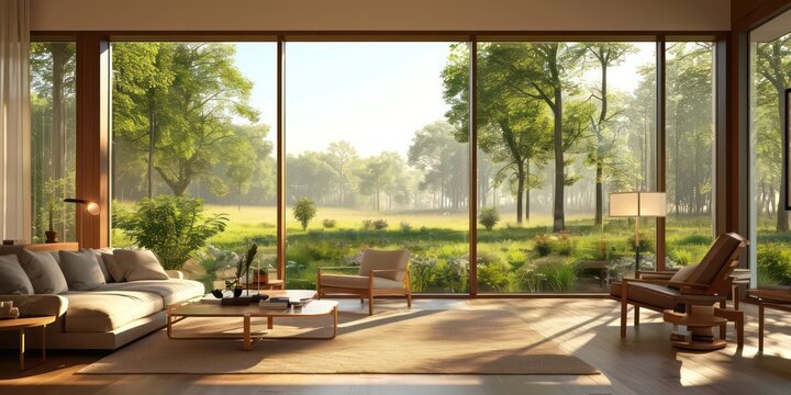 Fototapeta Modern living room flooded with soft, springtime light, where large windows open to a picturesque.