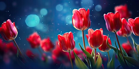 Bright red tulip buds stand out elegantly against a dark background, creating a captivating contrast. - obrazy, fototapety, plakaty