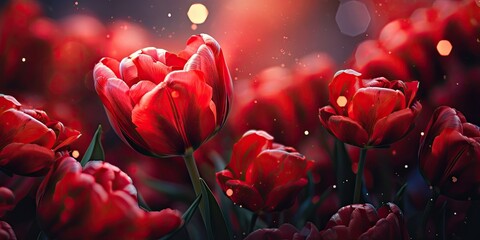 Bright red tulip buds stand out elegantly against a dark background, creating a captivating contrast. - obrazy, fototapety, plakaty