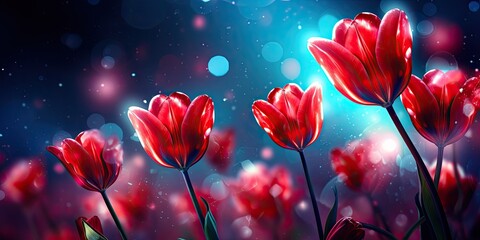 Against the dark canvas, a bouquet of vivid red tulip buds adds a touch of vibrant beauty.