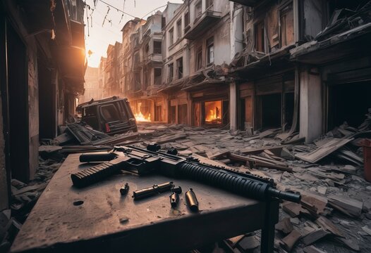 abandoned weapons after fighting on the battlefield, in the shelter - Powered by Adobe