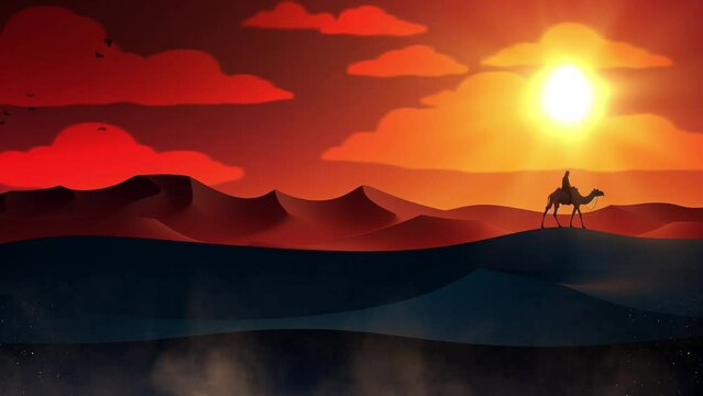 Al Isra wal Miraj The Night Journey. Islamic background design template with 3d illustration of camel in the desert. seamless looping overlay 4k virtual video animation background 