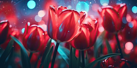 Bright red tulip buds create a stunning contrast against the dark backdrop.