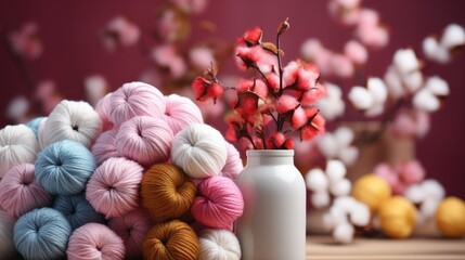 Skeins of yarn for knitting with cotton flower. Natural soft cotton thread bundle  