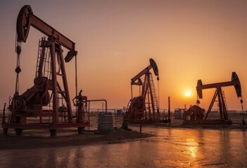 Obraz premium The change in oil prices caused by the war. Oil price cap concept. Oil drilling derricks at desert oilfield. Crude oil production from the ground. Petroleum production.
