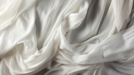 Fototapeta premium Pattern texture crumpled white fabric background natural neutral color. Linen cotton fabric, cloth fabric texture, abstract background design. Copy space. Card or banner