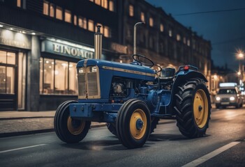 Fototapeta premium Blue tractor on the road with front loader up in the air buildings within background city