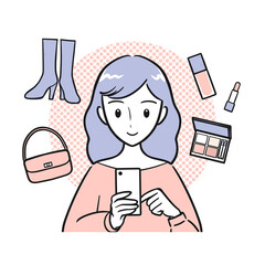 スマホでオンラインショッピングを楽しむ若い女性（背景あり・シンプル）