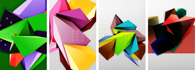 Trendy low poly 3d triangle shapes and other geometric elements background designs for wallpaper, business card, cover, poster, banner, brochure, header, website