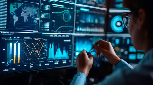 Leveraging AI technology for big data analytics, a data analyst examines and visualizes intricate information networks using artificial intelligence. Generative AI