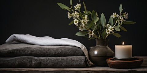Folded towels arranged against a dark background, accented with candles and leaves, creating a tranquil spa ambiance. - obrazy, fototapety, plakaty