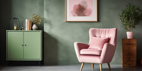Pink pillow on green armchair near rustic cupboard in living room with poster.