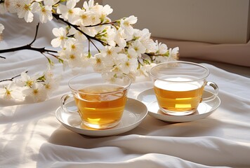 Enhancing the kitchen ambiance, a glass of tea with fresh jasmine flowers offers both visual and aromatic delight. - obrazy, fototapety, plakaty