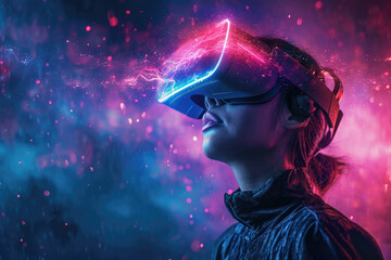 Woman using glasses of virtual reality on futuristic neon colorful background,  future technology concept.