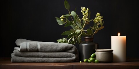 In a spa salon, folded towels rest on a dark background, complemented by candles and leaves, fostering an atmosphere of tranquility and serenity.