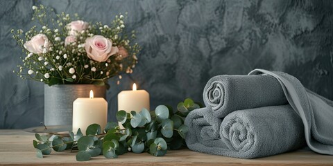 In a spa salon, folded towels rest on a dark background, complemented by candles and leaves, fostering an atmosphere of tranquility and serenity.