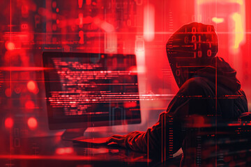 Hacker programmer using computer at table with abstract red neon light effect. Double exposure