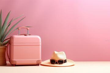 Pink suitcase with hat and on pink background, minimal style, travel concept.
