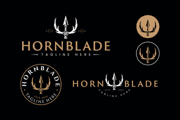 Fototapeta premium set of hunting logo design template with trident shaped horns and spears symbol vector for outdoor adventure hunt sports club brand identity