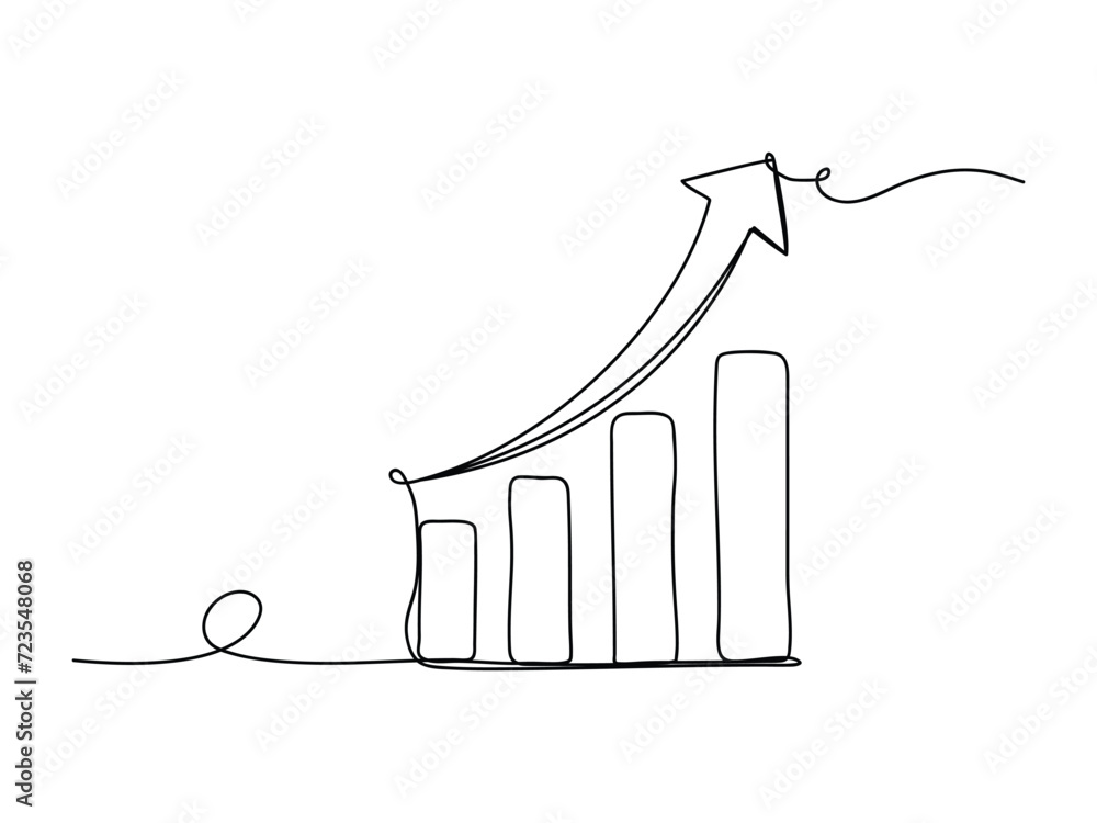 Wall mural Growing graph up chart in continuous one line drawing isolated vector illustration.