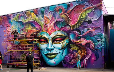 Naklejka premium Mural Magic: Mardi Gras Streets Alive with Artists' Creations Isolated on Transparent Background PNG.