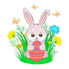 Little bunny with Easter egg on the lawn, colorful vector illustration, greeting card, banner.