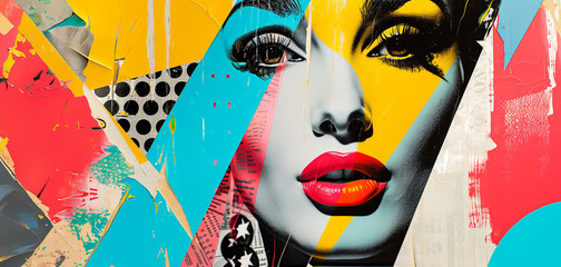 Modern Pop art collage. Beauty woman face. Banner - obrazy, fototapety, plakaty