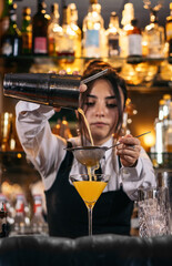 Female bartender preparing a cocktail in a traditional cocktail bar