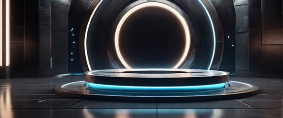 Obraz premium high quality, 8K Ultra HD, photo futuristic portal science fiction podium pedestal platform modern empty cyberpunk podium mockup space background, ultrarealistic, realistic photo, highly detailed