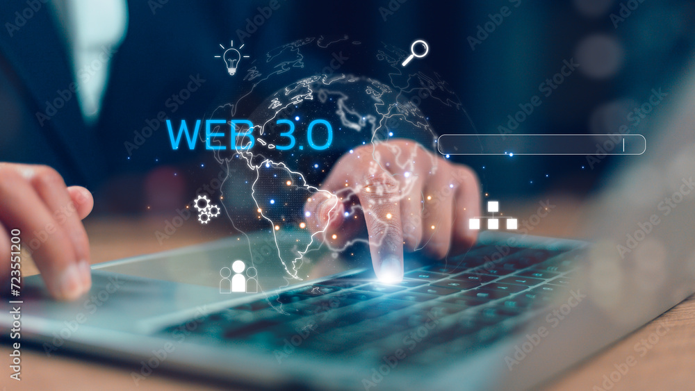 Poster web 3.0 technology in the digital tech future, businessmen using laptops with 3.0 technology global 