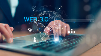 Web 3.0 Technology in the digital tech future, businessmen using laptops with 3.0 Technology global...