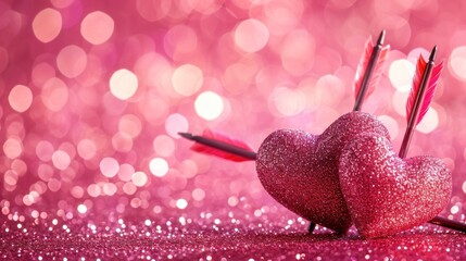 Valentine's day concept. Falling in love. Pinky hearts with cupid arrows pierce through on pink bokeh background
