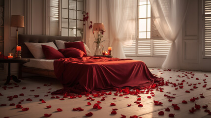 Luxury bedroom with bed, white curtains, window, lamp, candles, wooden floor and rose petals. Valentine decorations. Created with AI