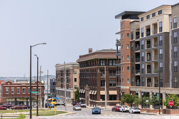 Afternoon view of the historic buildings of the River Market neighborhood of Kansas City, Missouri, USA.